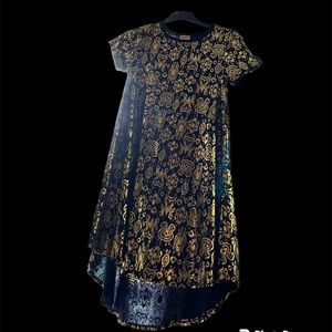 LuLaRoe holiday Carly, xsmall blue with gold foil
